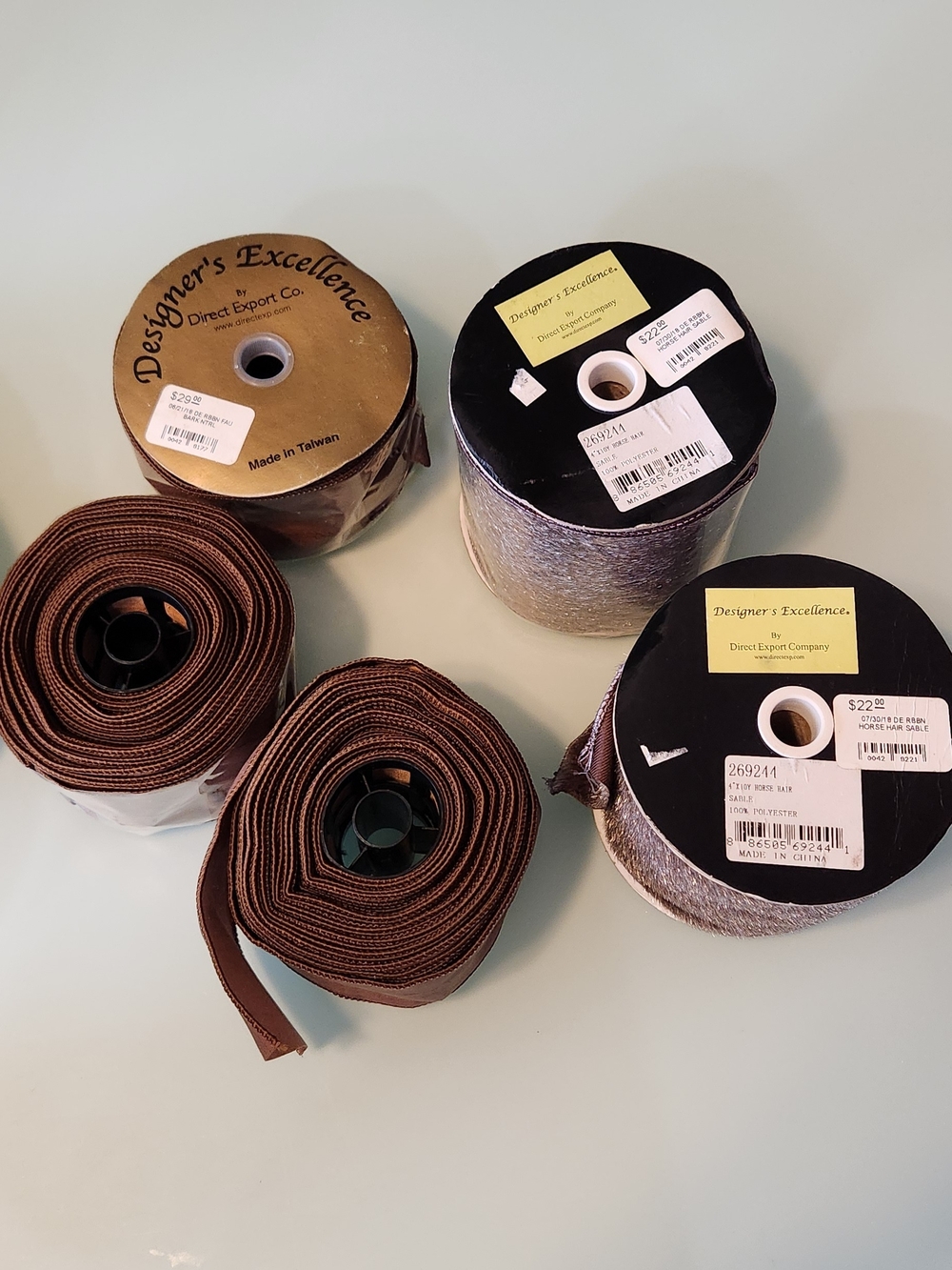 5-Rolls in all, 3-Bark Natural, 2-Horse Hair,  Designer's Excellence Ribbons.